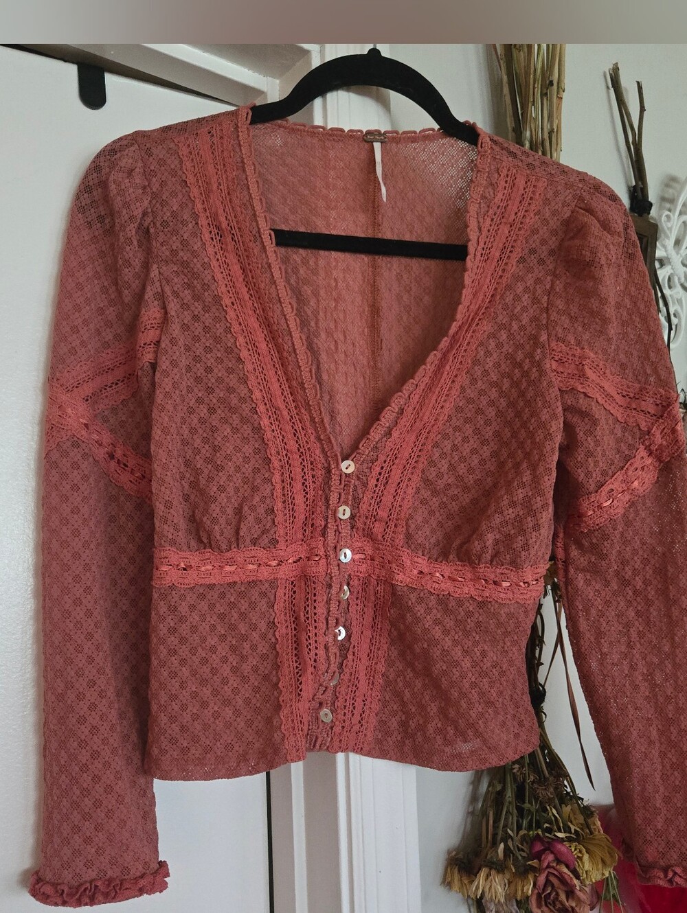 Free People Rust Romantic Button Up Long Sleeved Lace Net Shirt Md
